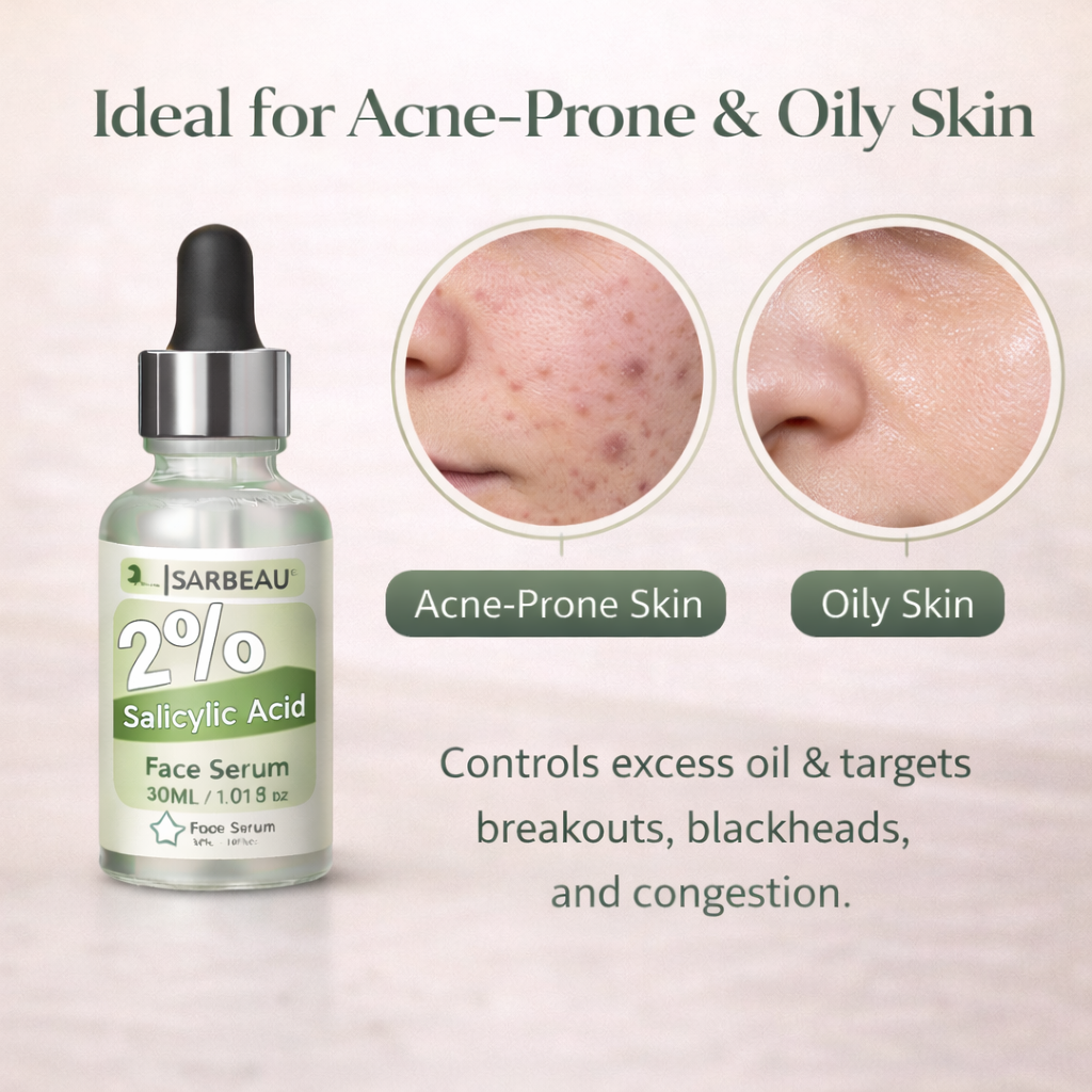 Sarbeau 2% Salicylic Acid Face Serum | Lightweight Exfoliating Serum for Oily & Acne-Prone Skin | 30ml