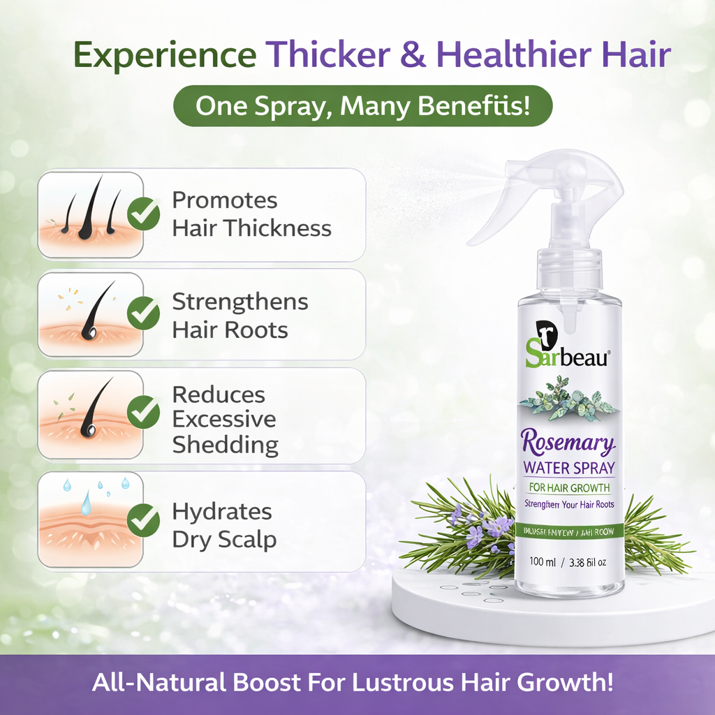 A promotional product graphic for Sarbeau Rosemary Water Spray. The image features a clear spray bottle with a white and green label, styled with fresh rosemary sprigs on a white pedestal.