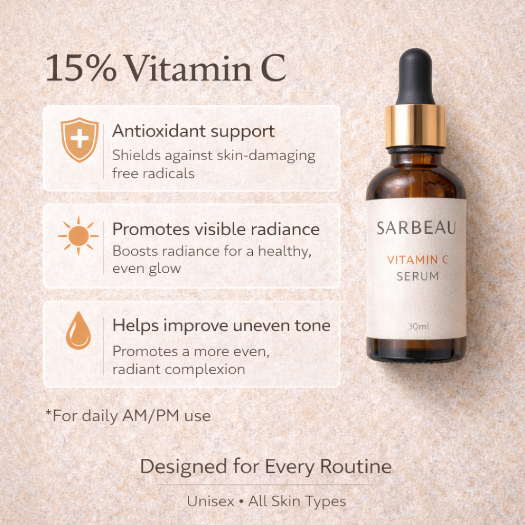 Sarbeau 15% Vitamin C Face Serum 30ml | Brightening Serum for Glowing Skin, Dark Spots & Uneven Skin Tone | Suitable for All Skin Types