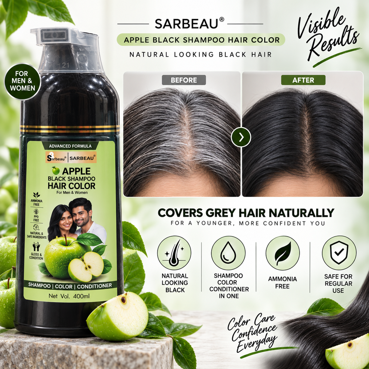 Sarbeau 3 in 1 Apple Hair Color Shampoo | Easy Coloring | Ammonia Free | PPD Free | 400ml