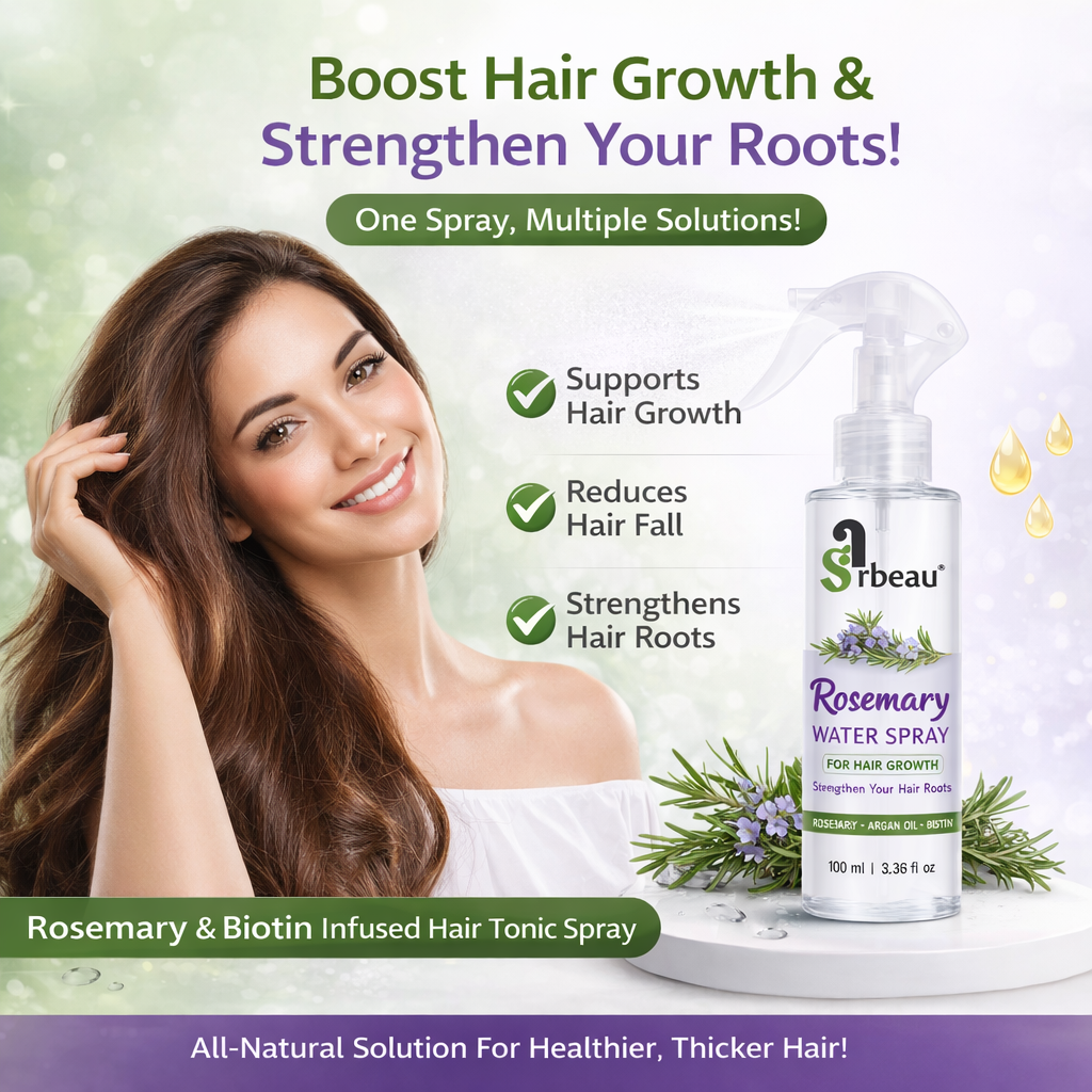 A promotional graphic for Sarbeau Rosemary Water Spray hair tonic. It features a smiling woman with long brown hair on the left, a clear bottle of the spray on the right, and text highlighting benefits like 'Supports Hair Growth' and 'Reduces Hair Fall'.