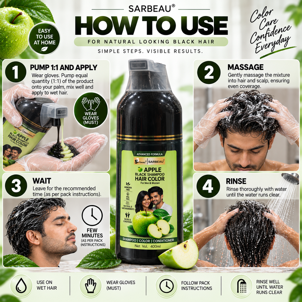 Sarbeau 3 in 1 Apple Hair Color Shampoo | Easy Coloring | Ammonia Free | PPD Free | 400ml