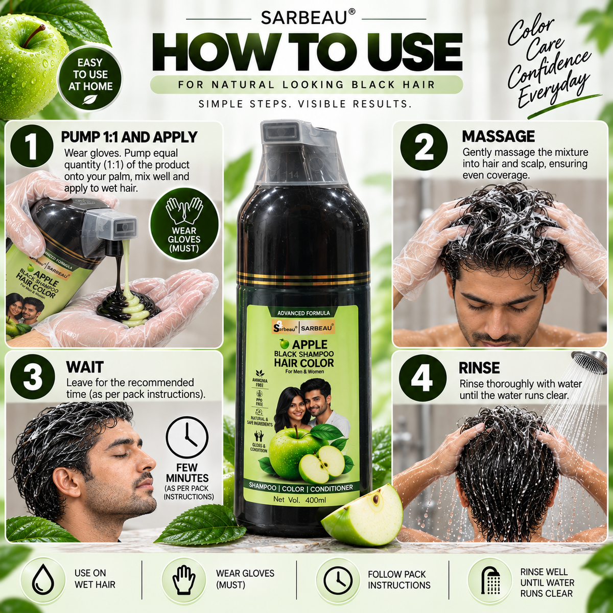 Sarbeau 3 in 1 Apple Hair Color Shampoo | Easy Coloring | Ammonia Free | PPD Free | 400ml