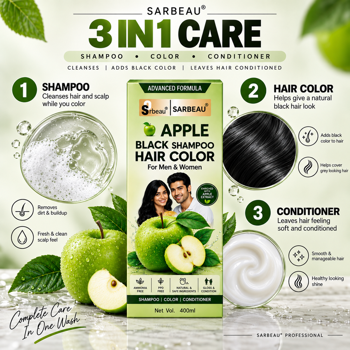Sarbeau 3 in 1 Apple Hair Color Shampoo | Easy Coloring | Ammonia Free | PPD Free | 400ml