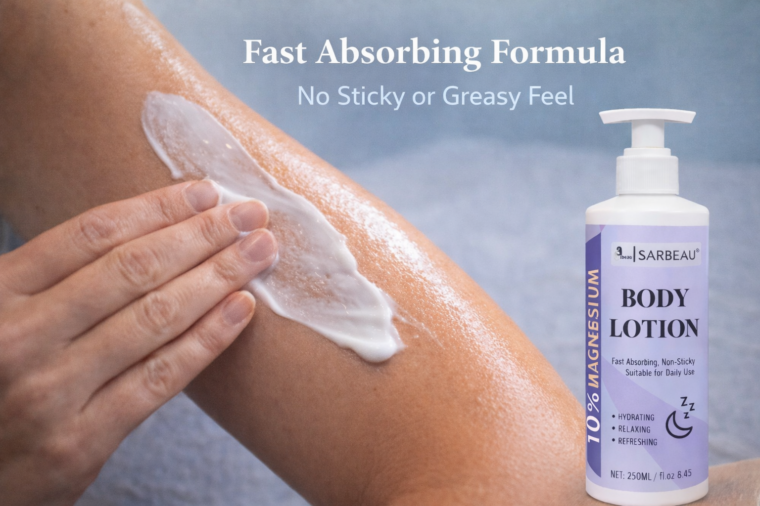Sarbeau 10% Magnesium Body Lotion | Fast-Absorbing Daily Moisturizer | Hydrating & Non-Sticky Formula | 250ml
