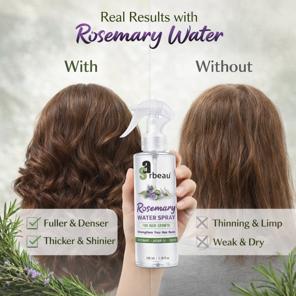 A hand holds a bottle of Sarbeau Rosemary Water Spray in front of a split comparison graphic showing hair results. The left side shows brown hair described as 'Fuller & Denser' with a green checkmark, while the right side shows thinning brown hair with a gray X.