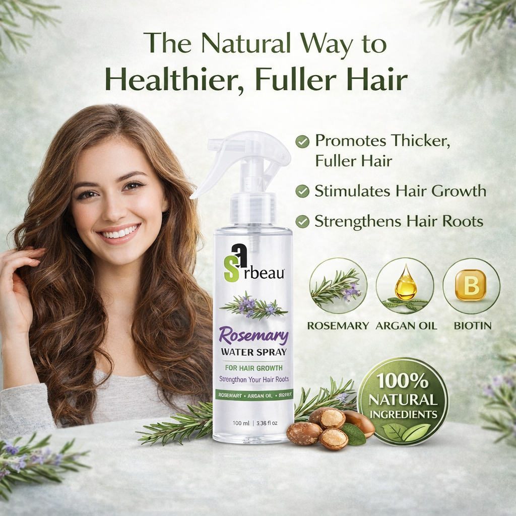 A promotional product image for Sarbeau Rosemary Water Spray. A smiling woman with long wavy brown hair is shown on the left, next to the clear spray bottle.