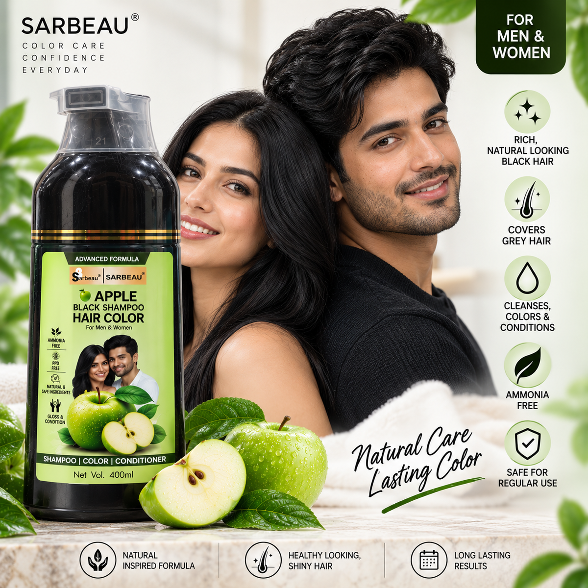 Sarbeau 3 in 1 Apple Hair Color Shampoo | Easy Coloring | Ammonia Free | PPD Free | 400ml