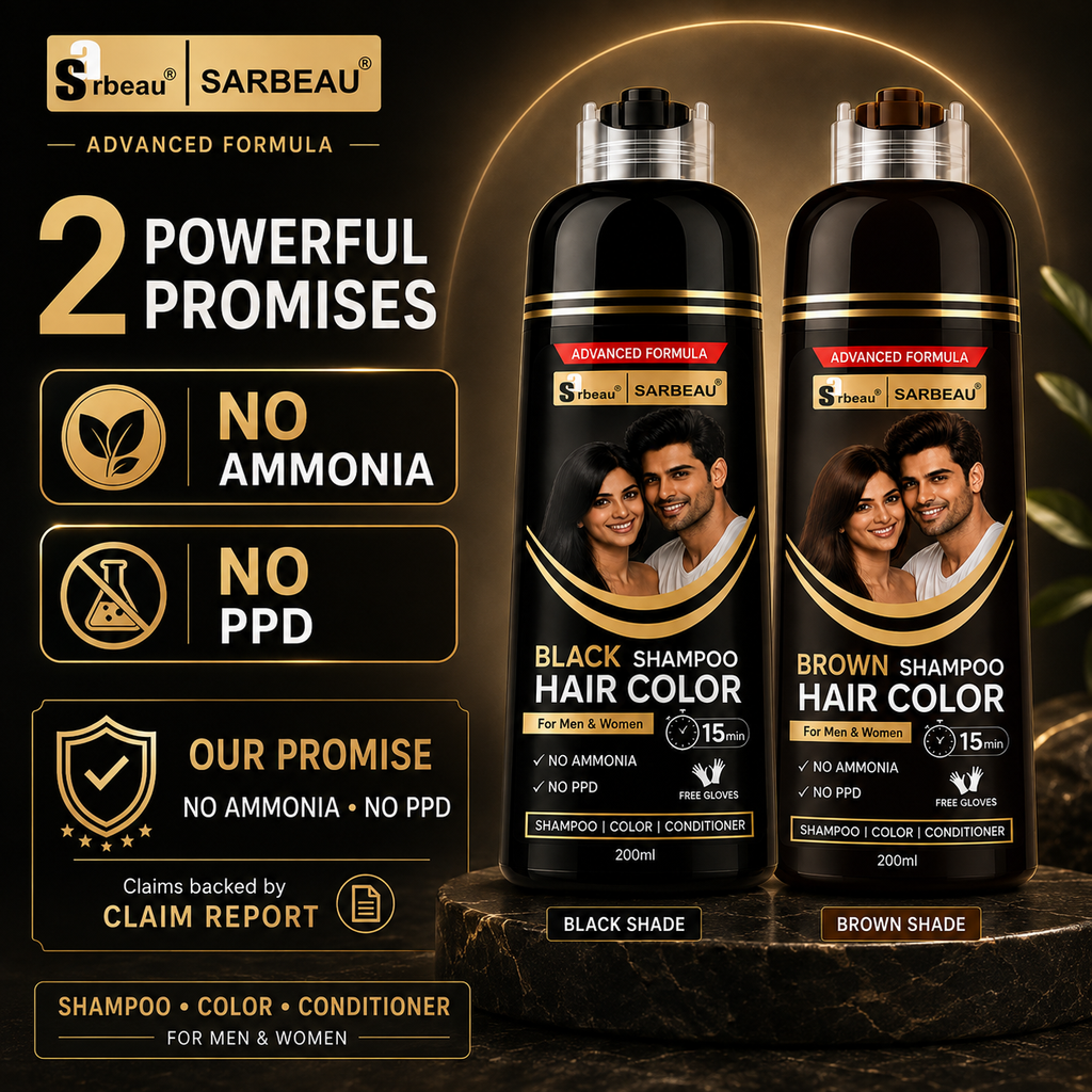 Two Black and Brown bottles of Sarbeau hair color shampoo and conditioner shown on a dark promotional background with gold accents and text highlighting '2 Powerful Promises', 'No Ammonia', and 'No PPD'.