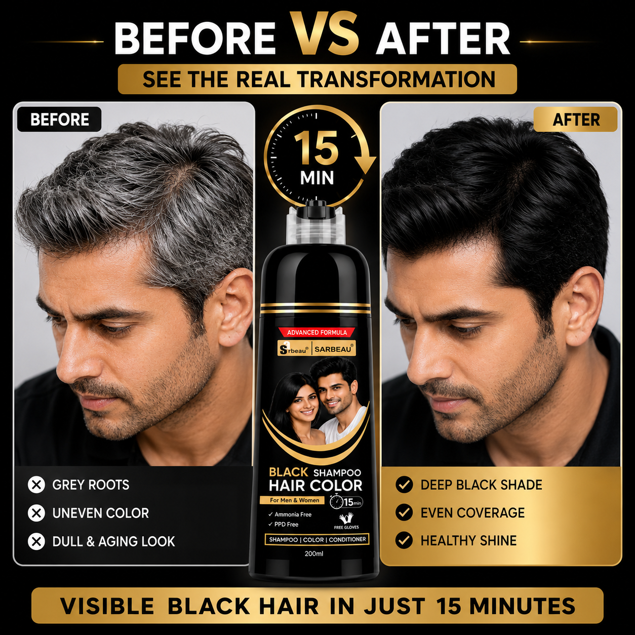 Sarbeau 3 in 1 Hair Color Shampoo | Easy Coloring | Ammonia Free | 200ml