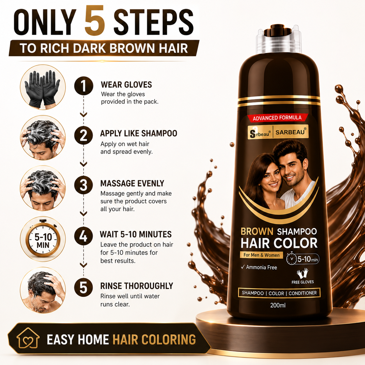Brown 5 A bottle of Sarbeau Brown Shampoo Hair Color displayed on a pedestal with a dramatic dark brown hair splash effect. The left side features a step-by-step guide on how to use the product in five steps, accompanied by small illustrative images.