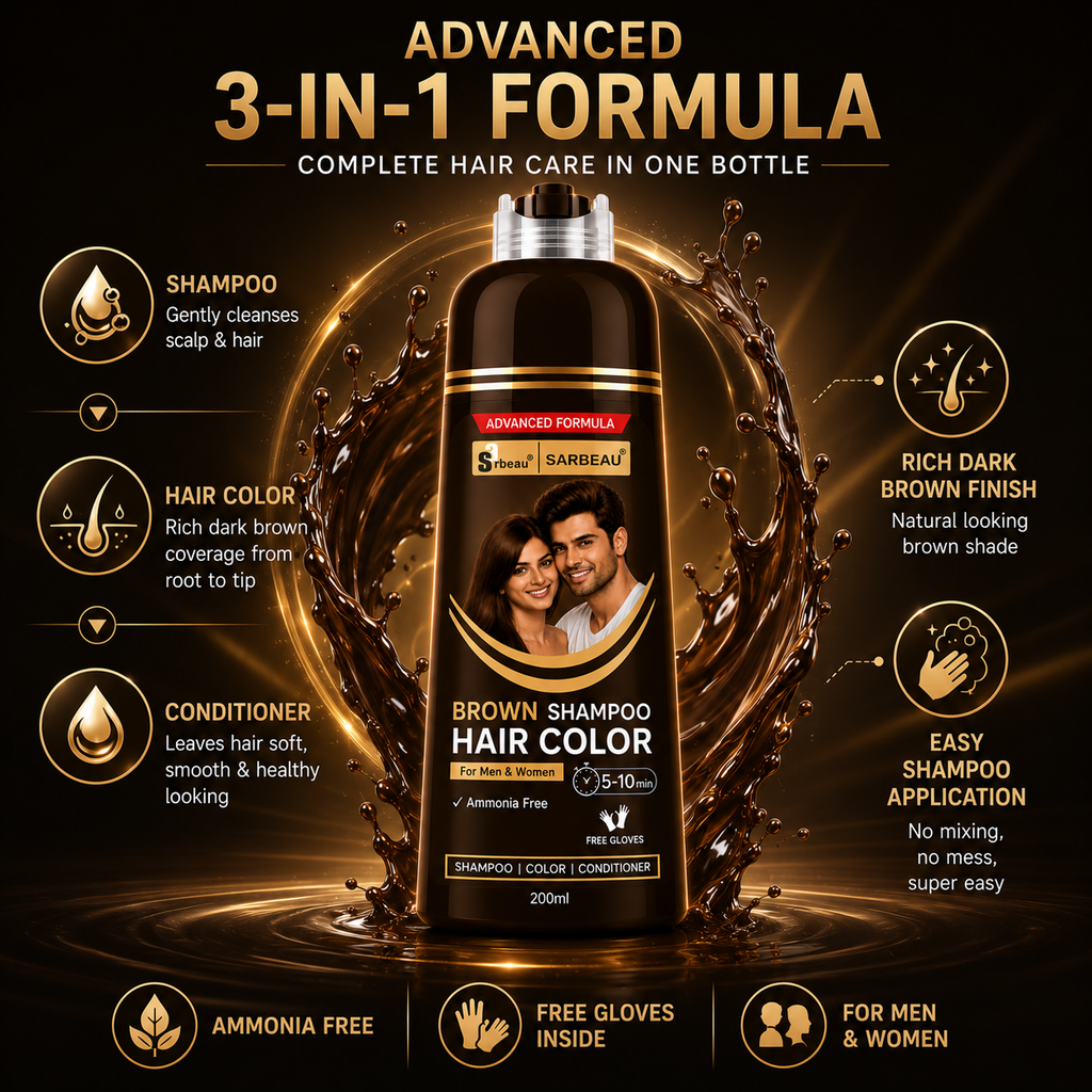 Brown 6 A bottle of brown shampoo hair color centered on a dark promotional graphic with gold text and icons. The bottle label reads 'FORGED FORMULA' and 'BROWN SHAMPOO HAIR COLOR,' with additional callouts about shampoo, hair color, conditioner, rich dark brown finish, ammonia free, free gloves inside, and application ease.