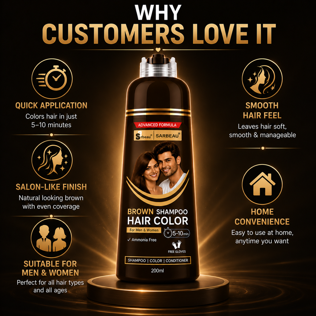 Brown 7 A bottle of Sarbeau 5 brown hair color shampoo and conditioner is centered on a dark background with glowing golden light effects. The image includes marketing text and icons around the bottle explaining benefits like quick application, smooth hair feel, salon-like finish, and home convenience.