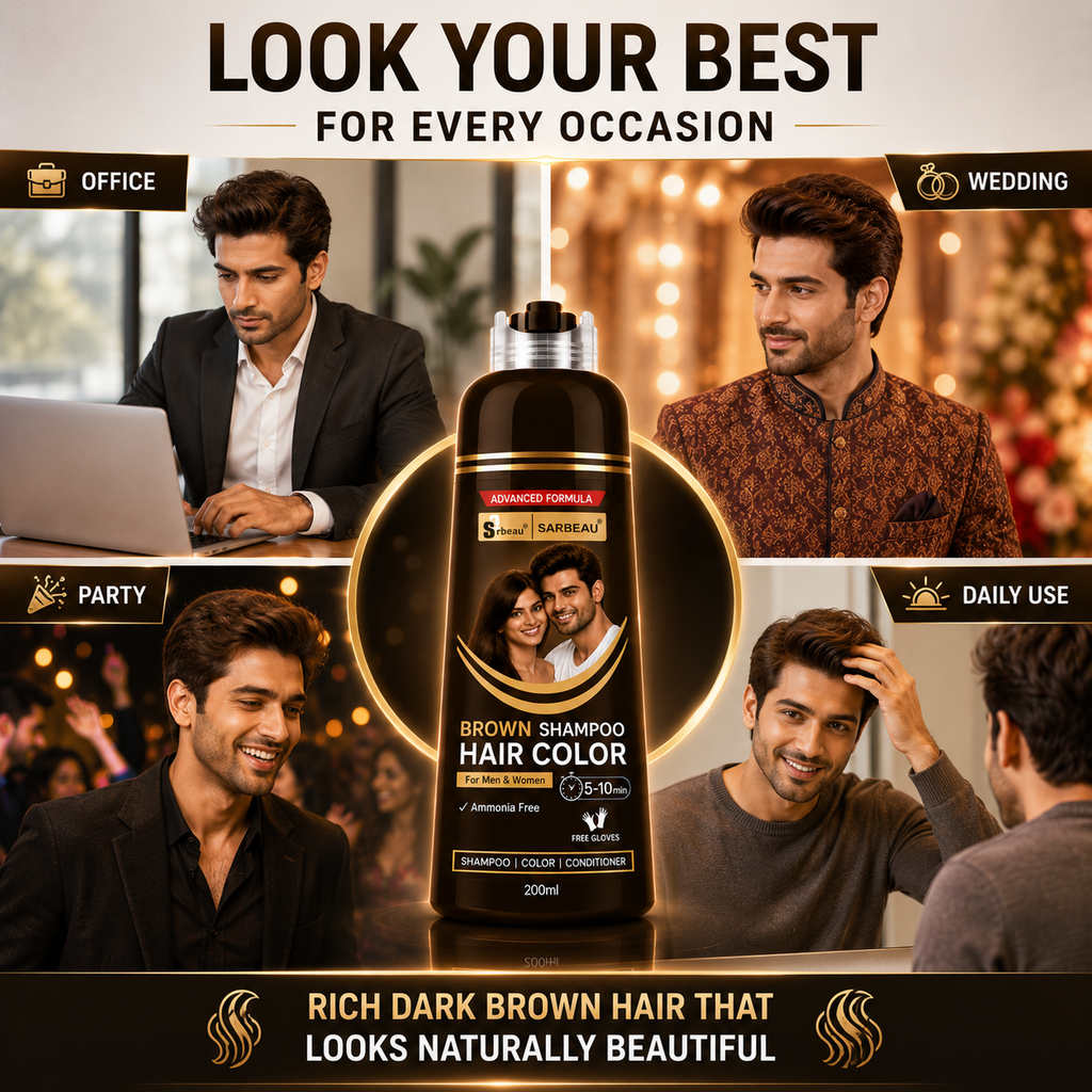 Brown 9 A bottle of Sarbeau Brown Shampoo Hair Color is centered in a promotional graphic with four photos of men in different situations around it. The text at the top reads 'LOOK YOUR BEST FOR EVERY OCCASION' and the bottom reads 'RICH DARK BROWN HAIR THAT LOOKS NATURALLY BEAUTIFUL'.