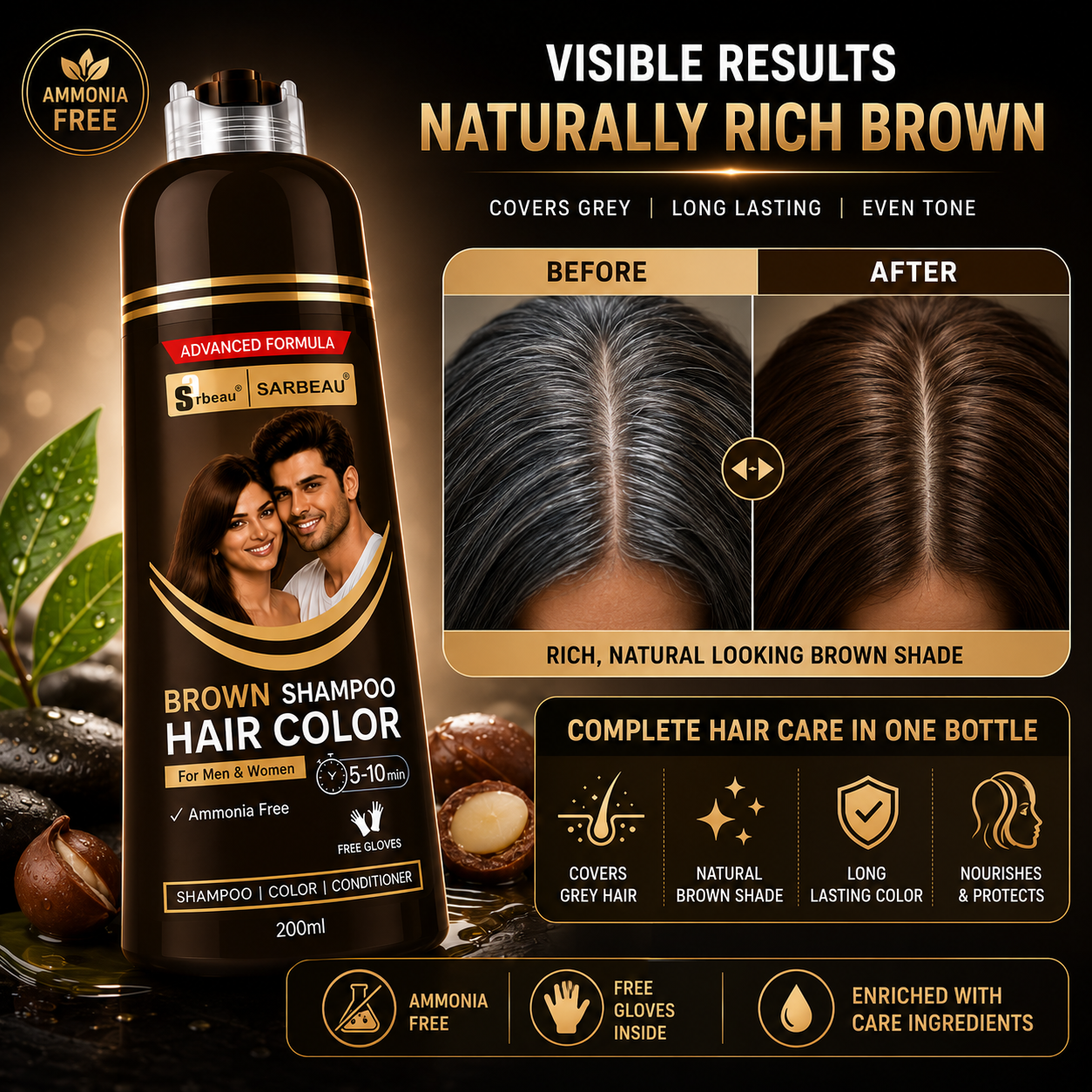 Brown 10 Sarbeau Brown Hair Color shampoo bottle shown on a dark promotional background with before/after hair split results, feature icons, and text highlighting ammonia-free, rich brown shade, and complete hair care.