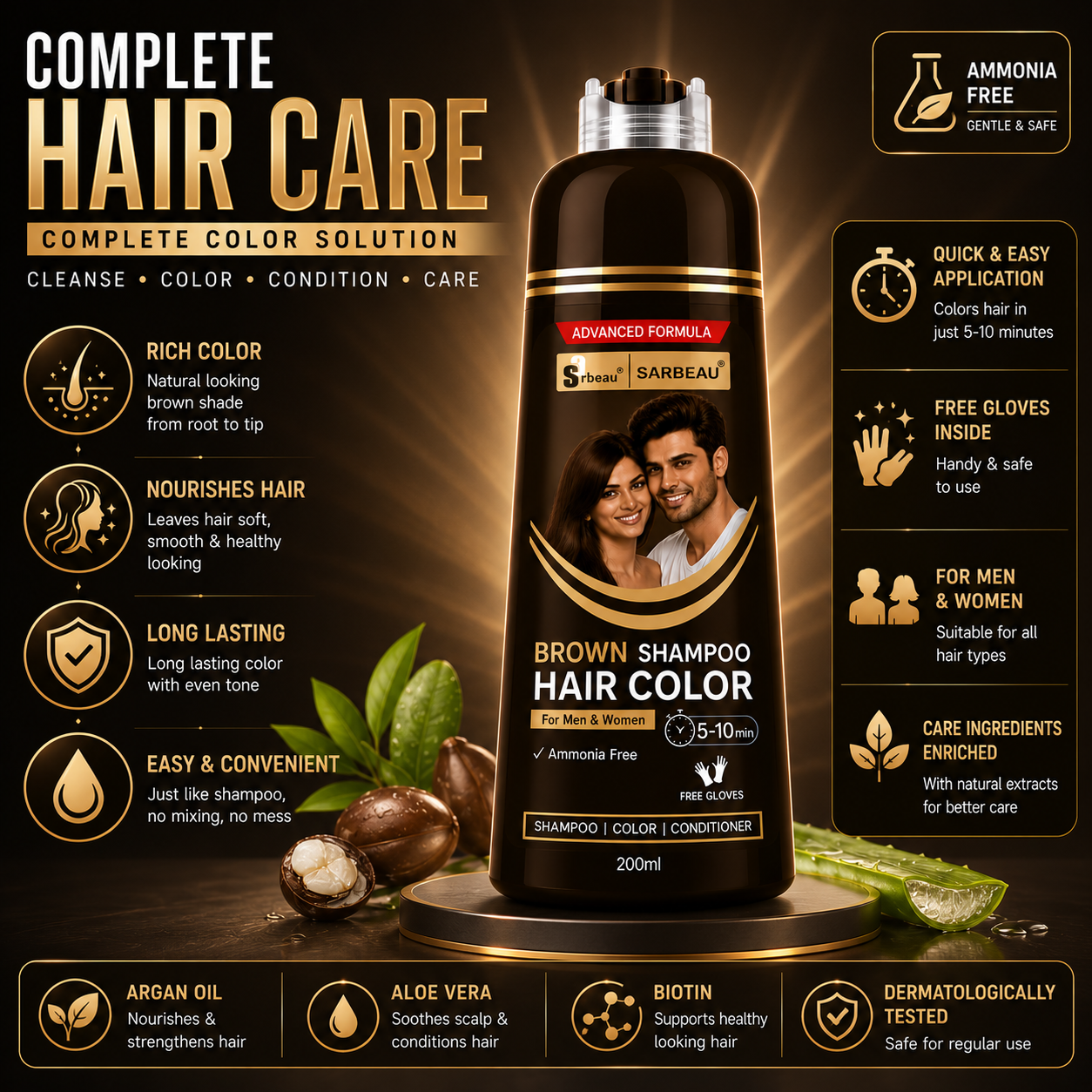 Brown 11 A bottle of Sarbeau Brown Shampoo Hair Color centered on a dark brown promotional background with text callouts, icons, and ingredient highlights. The bottle is dark brown with gold and white labeling and a silver cap.