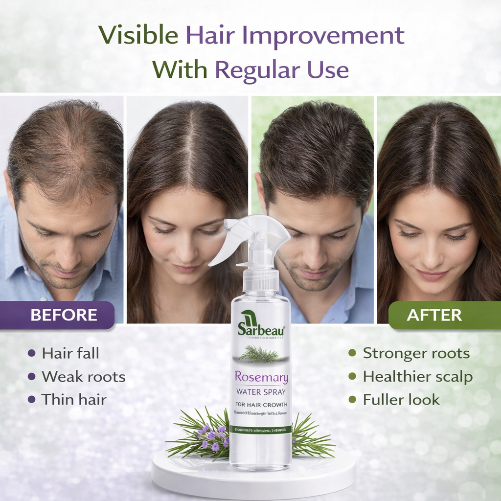 Promotional graphic for Sarbeau Rosemary Water Spray for hair growth, showing three before-and-after photos of men and women with thinning hair, alongside the product bottle on a white pedestal with rosemary sprigs.