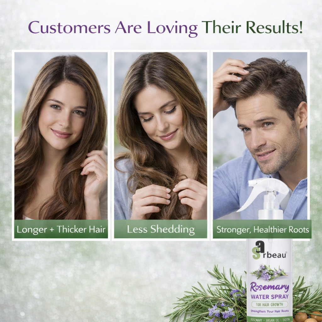 Promotional graphic for Sarbeau Rosemary Water Spray hair growth, showing three women and a man with thicker hair, alongside the product bottle and rosemary sprigs.