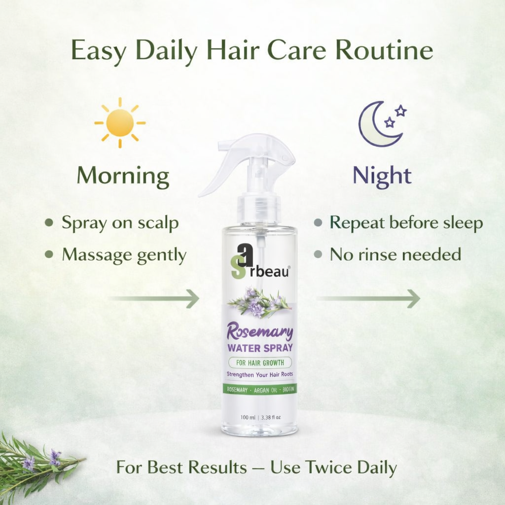 A bottle of Sarbeau Rosemary Water Spray centered on a soft light background with text instructions for a daily hair care routine, showing morning and night usage with icons and bullet points.