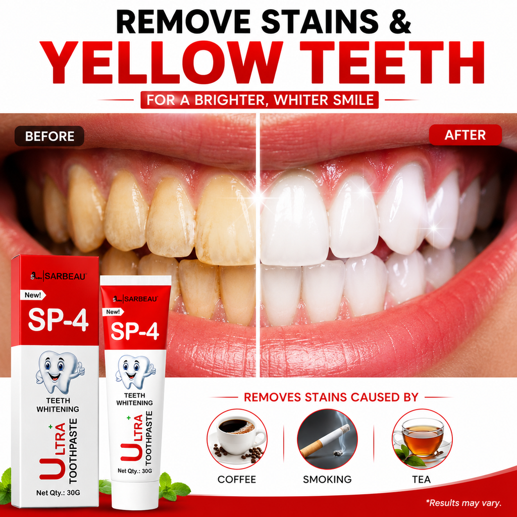 Teeth whitening advertisement showing a before-and-after comparison of yellowed teeth versus bright white teeth, with a tube and box of SP-4 Ultra Toothpaste displayed at the bottom left.