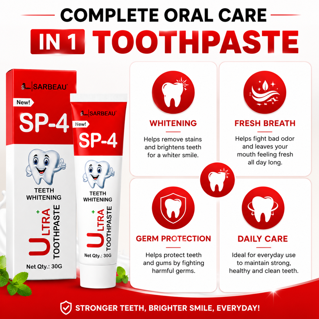 A promotional graphic for a single-toothpaste product labeled SP-4 Ultra Toothpaste by Sarbeau, showing the retail box, tube, and five benefit panels for oral care: whitening, fresh breath, germ protection, and daily care.
