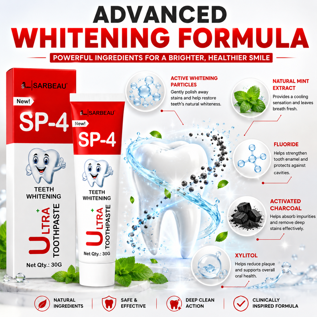 Two boxes and one tube of Sarbeau SP-4 Ultra Toothpaste shown on a white background with promotional text and graphics about whitening ingredients. The product packaging is red, white, and black, and the image includes a large tooth illustration with water and ingredient callouts.