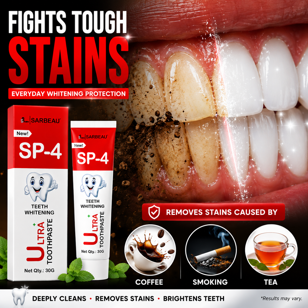 Sarbeau SP-4 Ultra Toothpaste advertisement showing the product box and tube alongside a close-up of stained teeth with a whitening effect, plus icons for coffee, smoking, and tea.