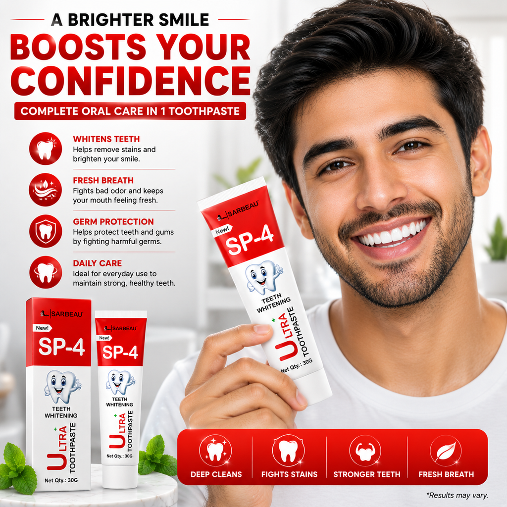 Man holding a tube of Ultra SP-4 toothpaste with product details and benefits displayed.