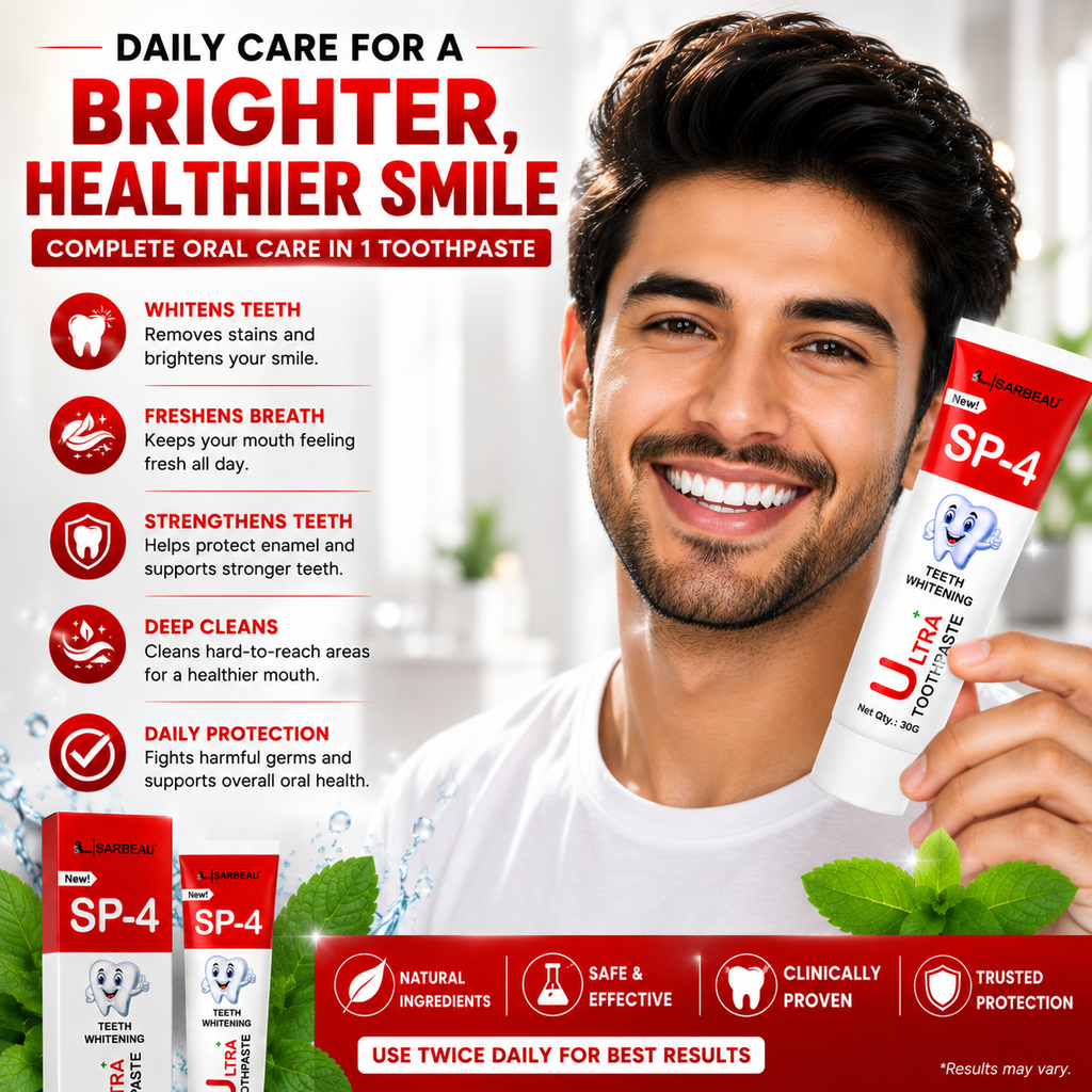 A smiling man holds a tube of toothpaste while an advertisement layout promotes daily care for a brighter, healthier smile. The ad includes text callouts, product pack shots, and claims about whitening teeth, freshening breath, strengthening teeth, deep cleaning, and daily protection.