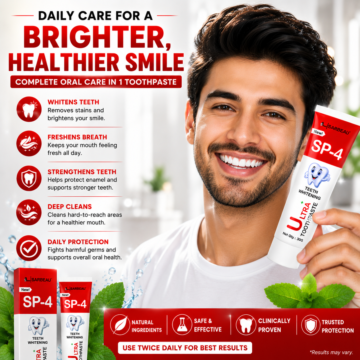 A smiling man holds a tube of toothpaste while an advertisement layout promotes daily care for a brighter, healthier smile. The ad includes text callouts, product pack shots, and claims about whitening teeth, freshening breath, strengthening teeth, deep cleaning, and daily protection.