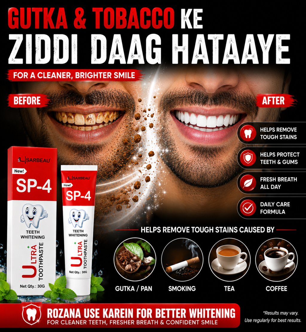 Teeth whitening advertisement for SP-4 Ultra Toothpaste by Sabeau. The ad features a split-screen before-and-after of a man's teeth, showing yellowed teeth on the left and bright white teeth on the right.