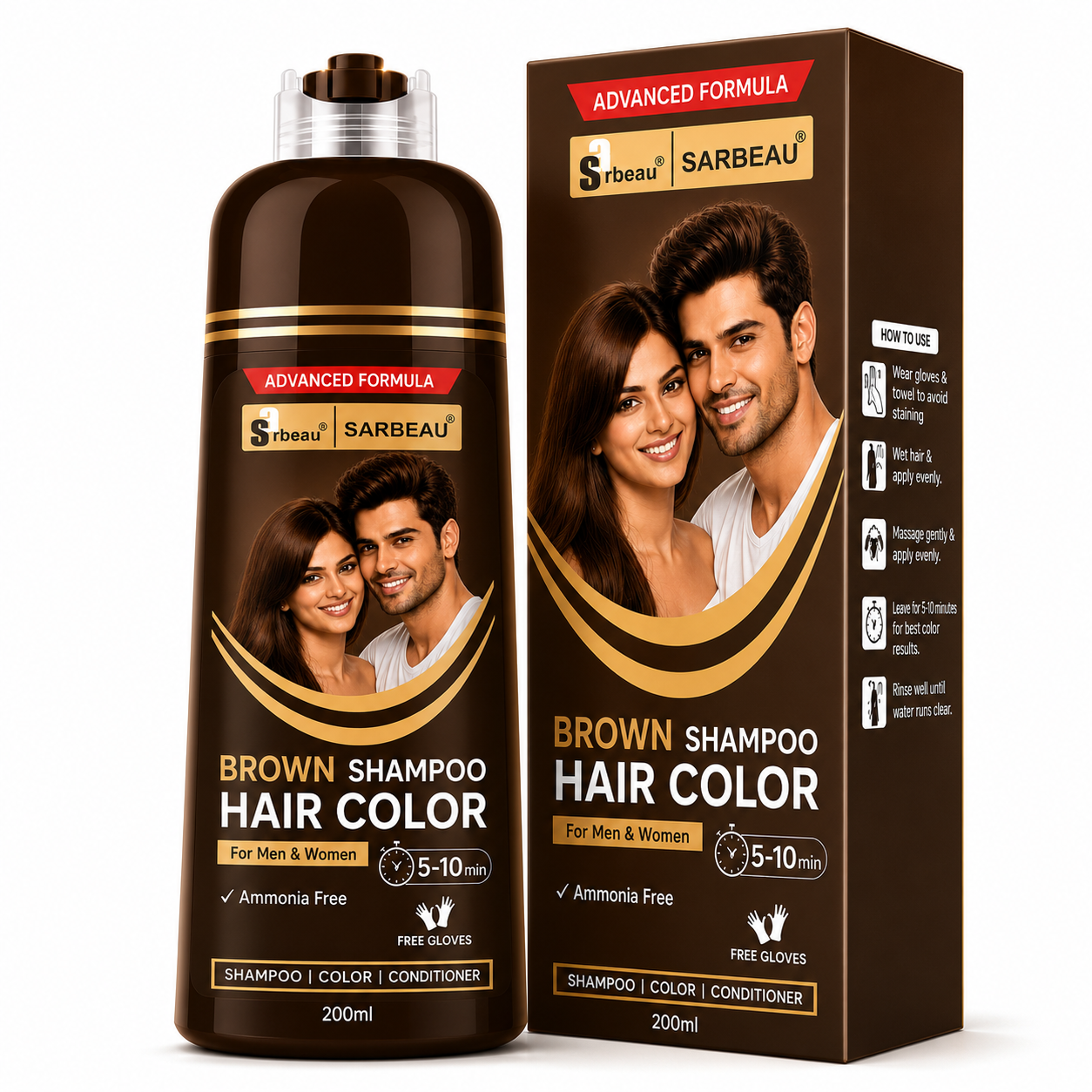 brown 1 A bottle and matching box of Sarbeau Brown Shampoo Hair Color, featuring a dark brown design with gold accents and a photo of a couple on the packaging.