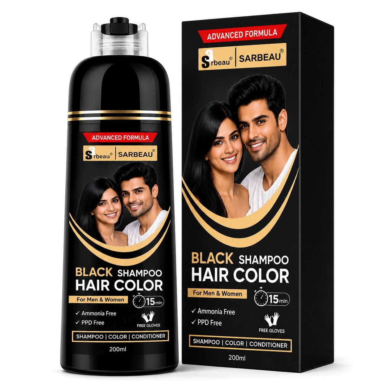A bottle and box of Sarbeau Black Shampoo Hair Color shown on a plain white background. The packaging is predominantly black with gold and red accents, and features a photo of a couple on the label.
