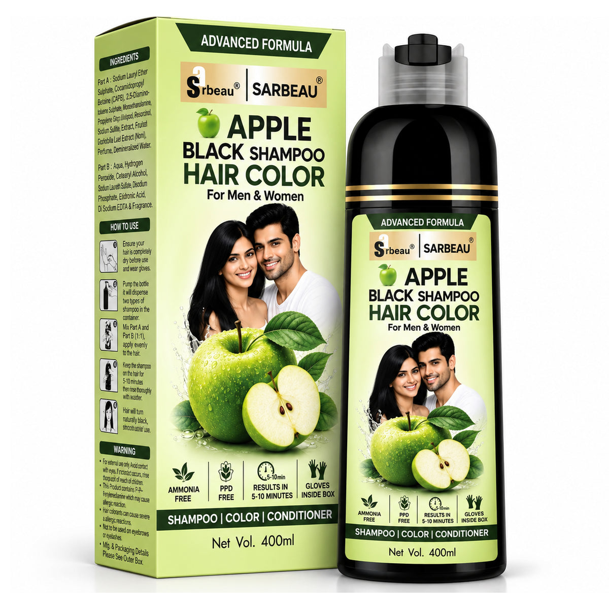 Sarbeau 3 in 1 Apple Hair Color Shampoo | Easy Coloring | Ammonia Free | PPD Free | 400ml