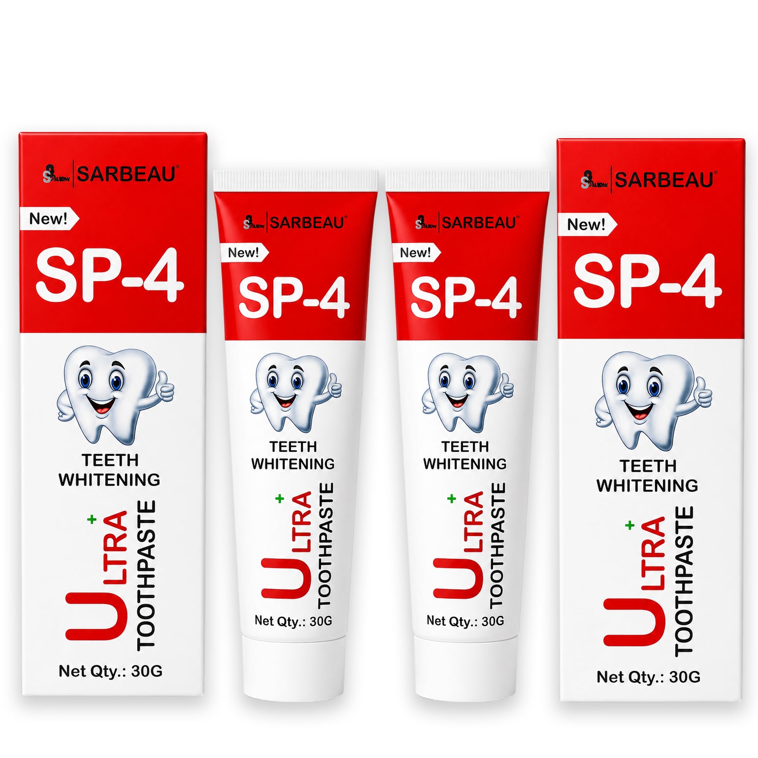 Two boxes and one tube of Sarbeau SP-4 Ultra Toothpaste arranged on a plain white background, showing the product packaging with a red and white design and a cartoon tooth graphic.